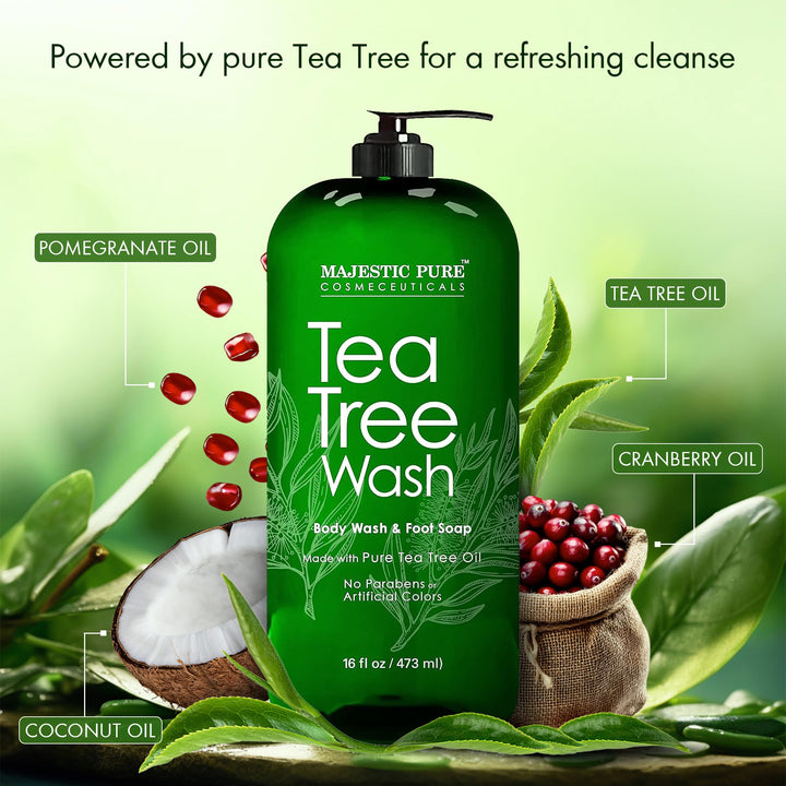Majestic Pure Tea Tree Body Wash - Formulated to Combat Dry, Flaky Skin - Soothes, Nourishes and Moisturizes Irritated, Chapped, Problem Skin Areas - (Packaging may Vary) -16 fl. oz.