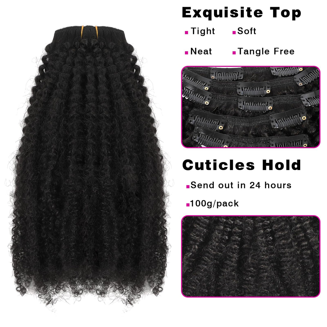 Sassina Real Thick Virgin Brazilian Afro Curly Clip In Hair Extensions 4C 4A Style Natural Black Color For Black Women 120 Grams 7 Pieces Double Wefts With 17 Clips AC 14 Inch