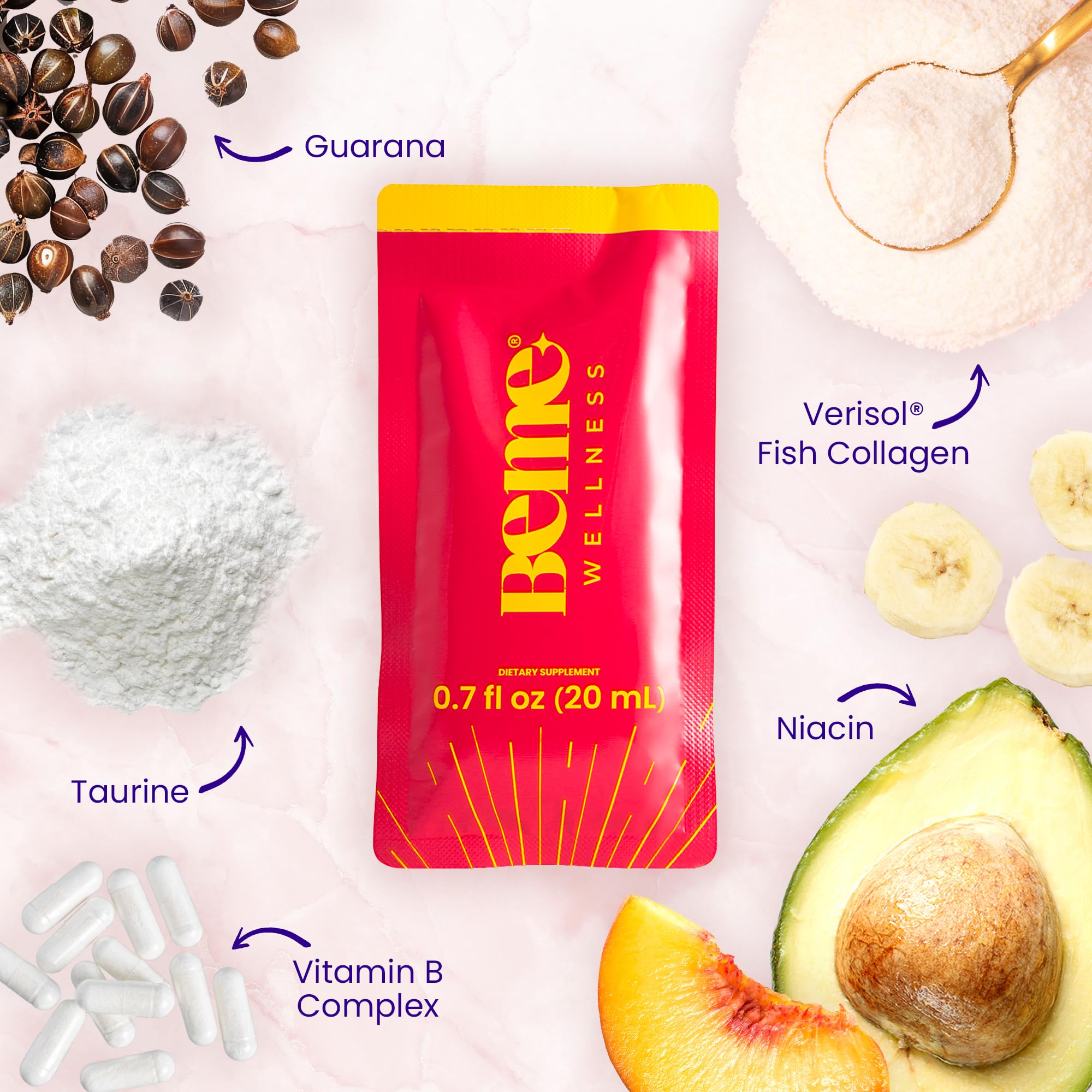 BeMe Vitamin B12 Liquid Shot, BeStrong - Vitamin B 12 Drinkable Liquid Supplement Supports Energy Boost, Focus, & Concentration - Guarana, Taurine, & Collagen Supplements Promote Recovery (30 Sachets)