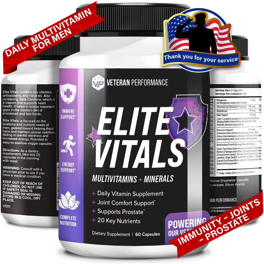 Veteran Performance Elite Vitals Multivitamin for Men – Daily Mens Multivitamins Ages Over 20 Plus – Prostrate Energy Immune Joint Support – Daily Mens Vitamins and Minerals (60 Capsules)
