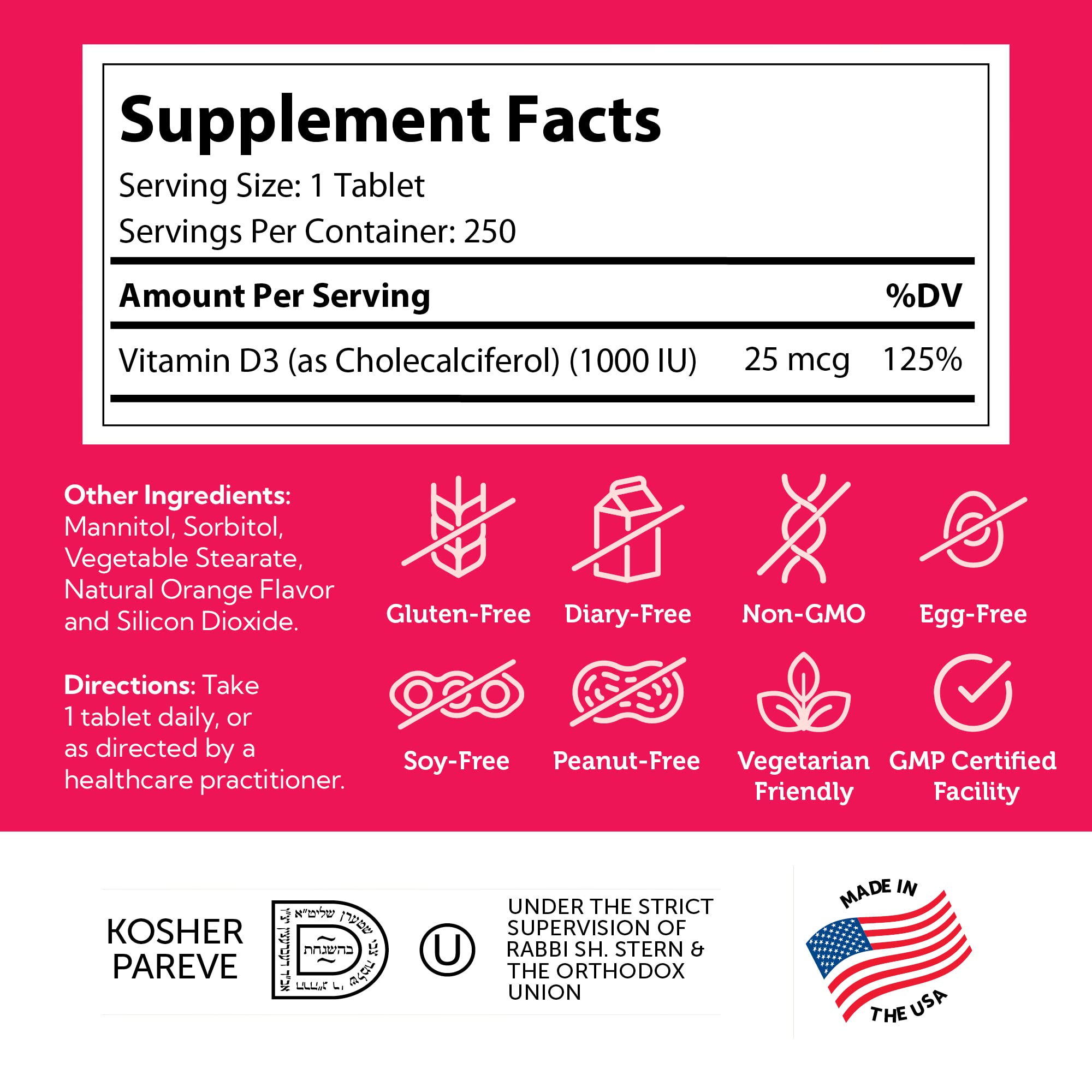 Zahler Junior D3 Vitamins 1000 IU - Chewable Vitamin D3 for Kids - Vitamin D for Kids to Support Bone, Teeth & Immune Health - Kosher Kids Vitamin D3 Orange Flavor - D3 Vitamins for Kids 250 Count.