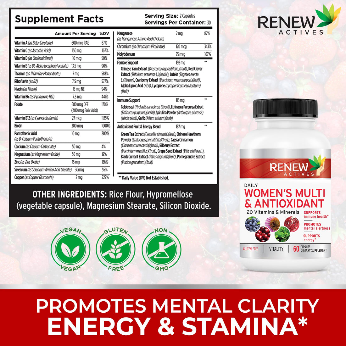 Renew Actives Women's Multi-Vitamin & Antioxidant: Daily Health Supplement - 22 Vitamins & Minerals for Energy & Mental Alertness - 60 Capsules