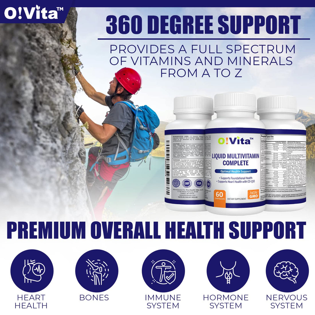 O!VITA Liquid Multivitamin Complete, with a Full Spectrum of Vitamins and Minerals, Plus 42 Fruits and Vegetable Proprietary Blend, Easy Absorption (60 Vegan Liquid Filled Capsules)