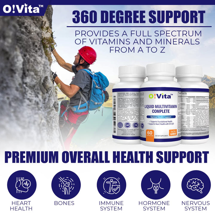 O!VITA Liquid Multivitamin Complete, with a Full Spectrum of Vitamins and Minerals, Plus 42 Fruits and Vegetable Proprietary Blend, Easy Absorption (60 Vegan Liquid Filled Capsules)
