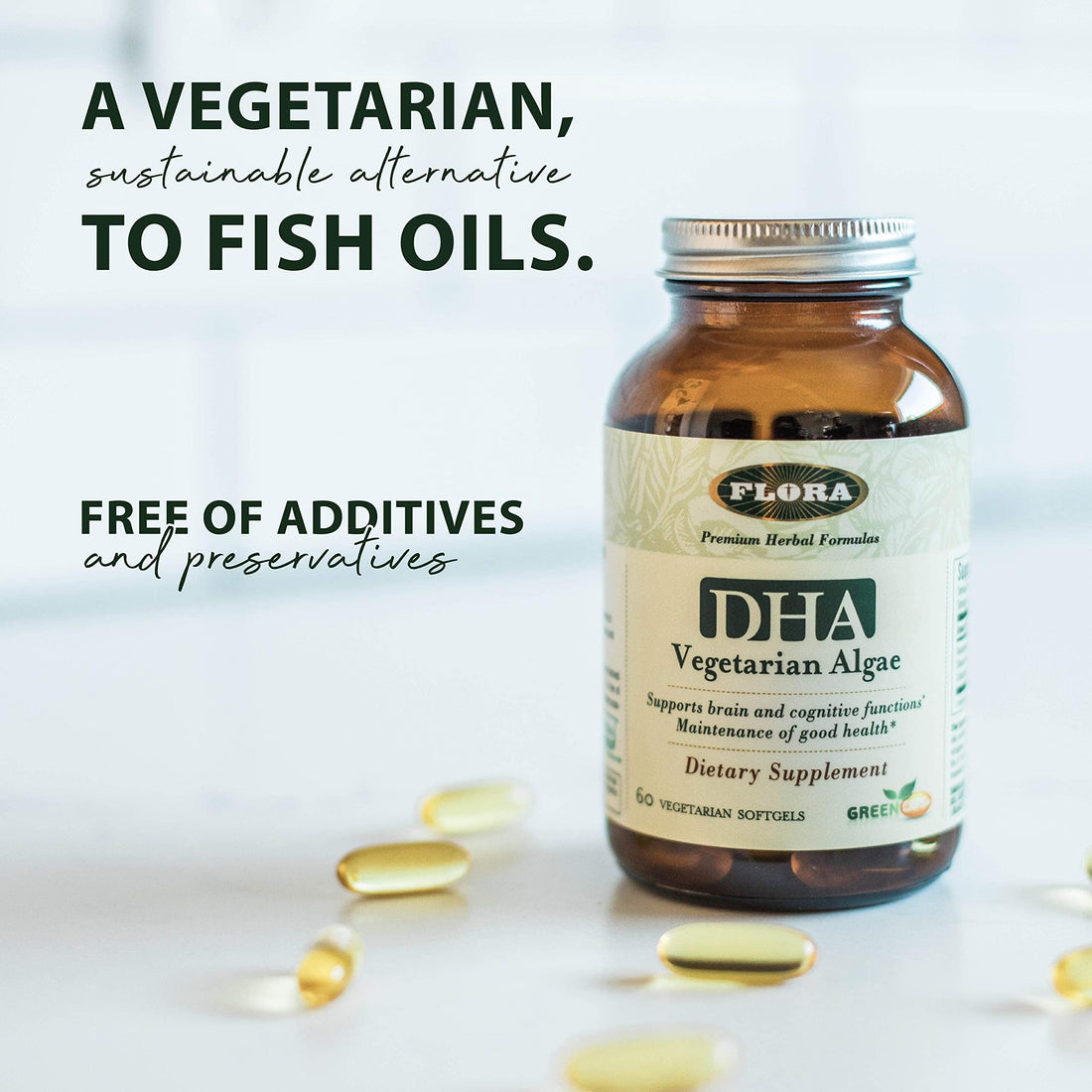 Flora - Premium DHA Vegetarian Algae GreenCaps, Supports Brain and Cognitive Function, Gluten Free, Unrefined Medium-Chain Triglycerides No GMOs, 60 Vegetarian Softgels