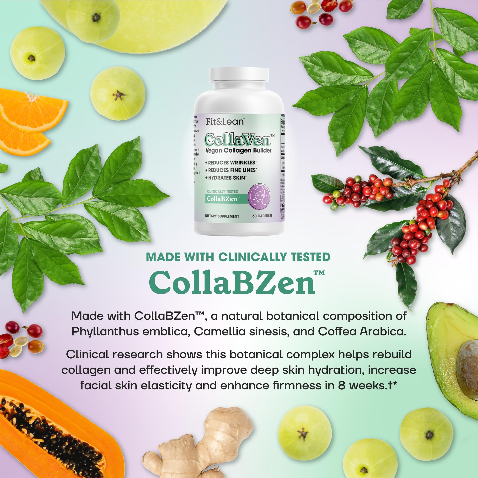 Fit & Lean CollaVen Vegan Collagen Builder, Clinically Proven, Vegan, Plant-Based Collagen with Vitamin C for Youthful & Hydrated Skin, Reduces Wrinkles, Boosts Collagen Production, 60 Vegan Capsules