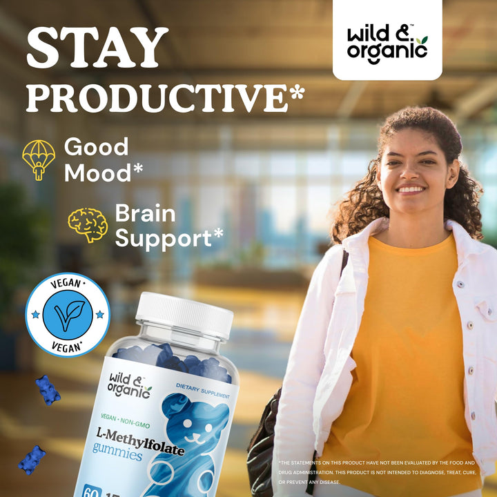 Wild & Organic L-Methylfolate 15mg Gummies - Mood & Brain Support - Folate 5-MTHF Supplement for Brain, Focus, Clarity - Folate Supplement w/Vitamin B9-60 Non-GMO L Methylfolate Gummies