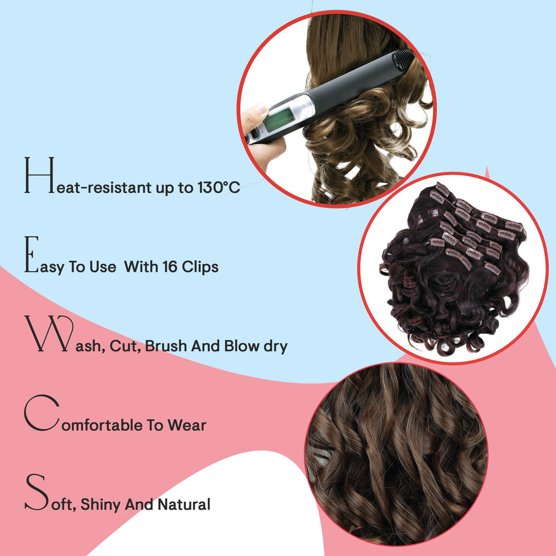 PRETTYSHOP Clip In Hair Extensions 24 120g Set 7pcs Full Head Hairpiece Curled Wavy Heat-Resisting (jet black 1)