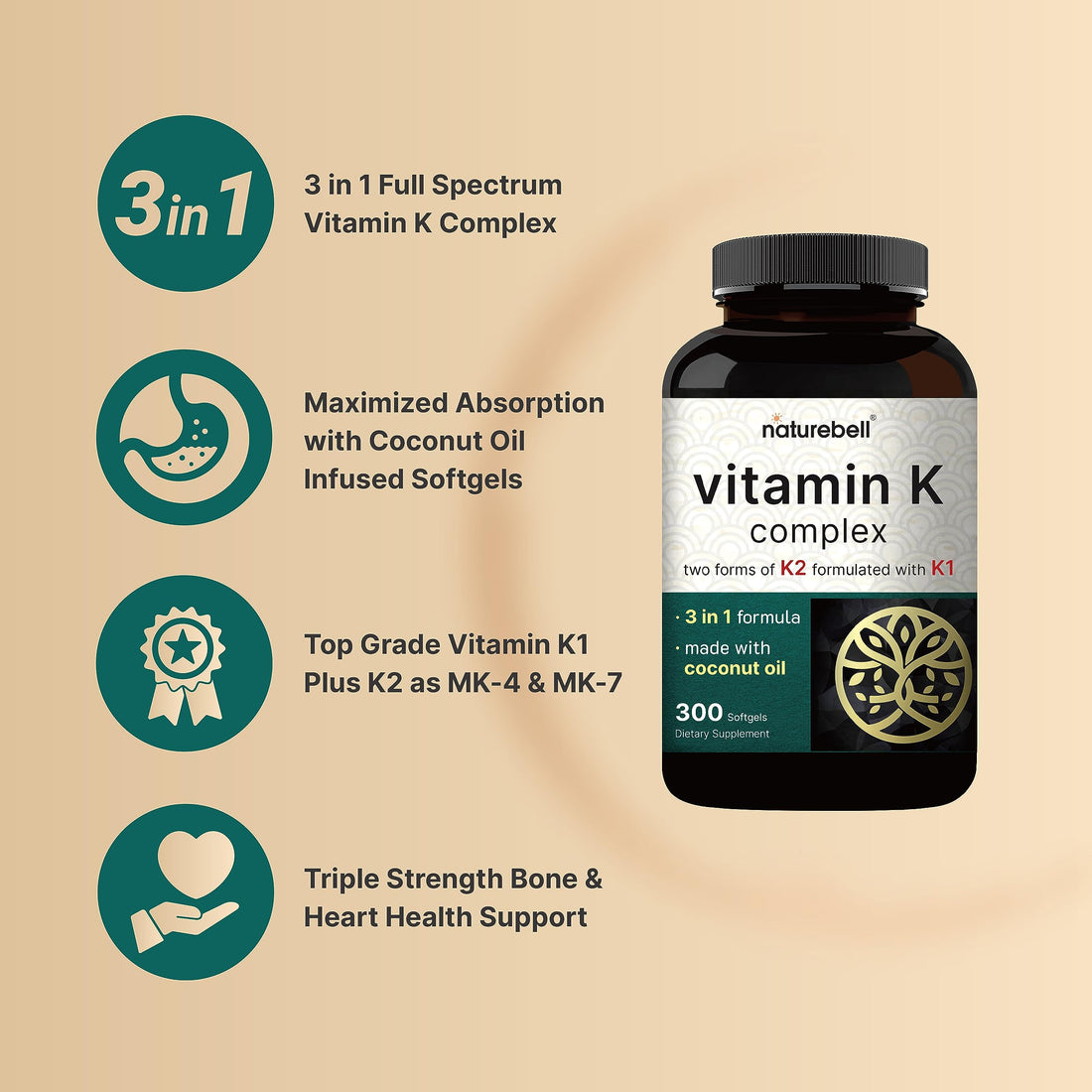 NatureBell Vitamin K Complex, K1 + K2 (MK-7 & MK-4) 2,600mcg Per Serving, 300 Coconut Oil Softgels | Max Absorption – Full Spectrum K Vitamins Supplement | Heart & Bone Support | Non-GMO