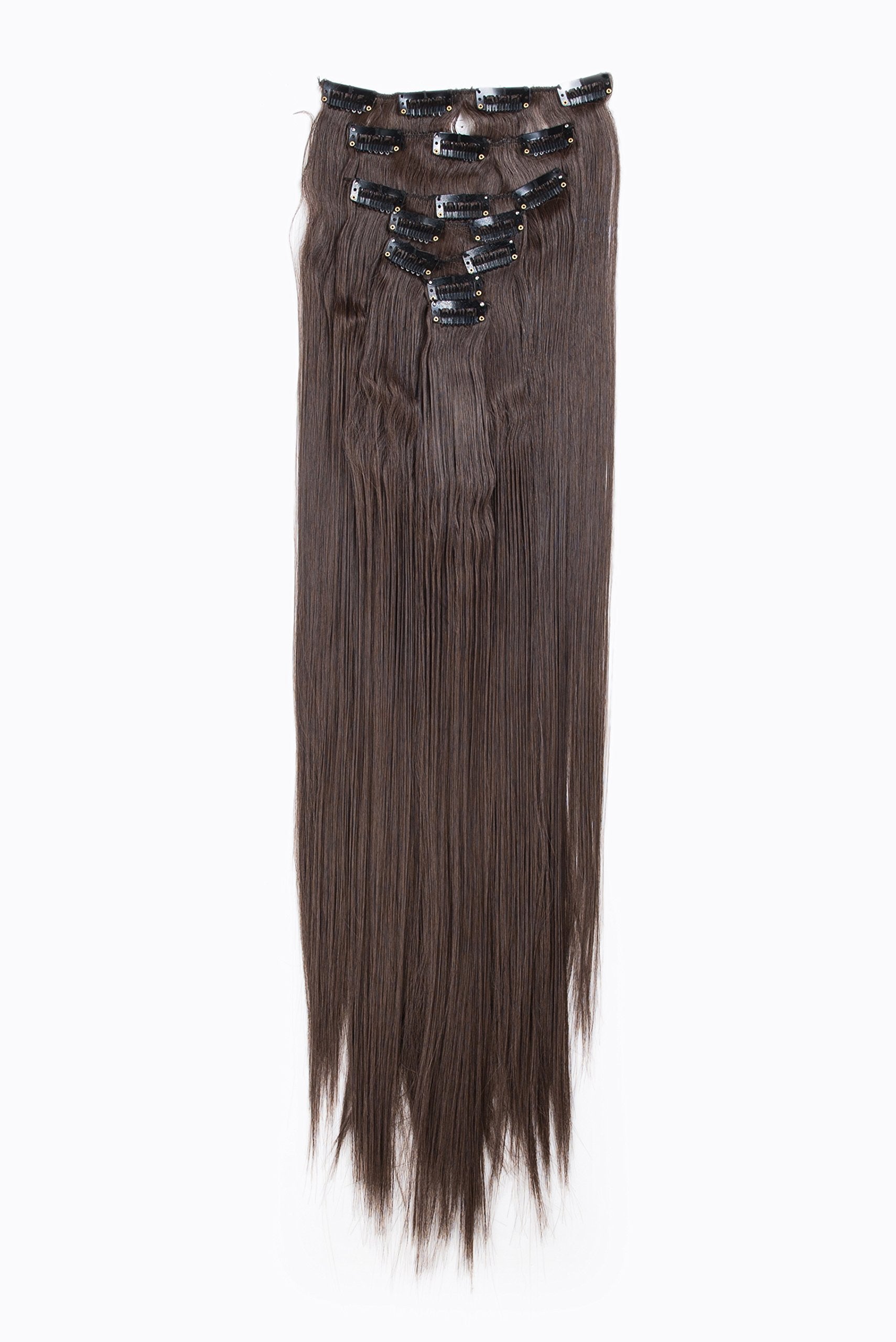 Chestnut Brown-6# : SWACC Women 22 Inches Straight Full Head 7 Separate Pieces Heat Resistance Synthetic Hair Clip in Hair Extensions (Chestnut Brown-6#)