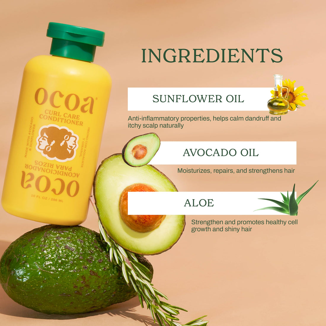 OCOA Beauty Curl Care Conditioner with Sunflower & Avocado Oil, Aloe, Moisturizes, Detangles, and Restores for Wavy, Curly, Dry & Damaged Hair, 8 fl oz