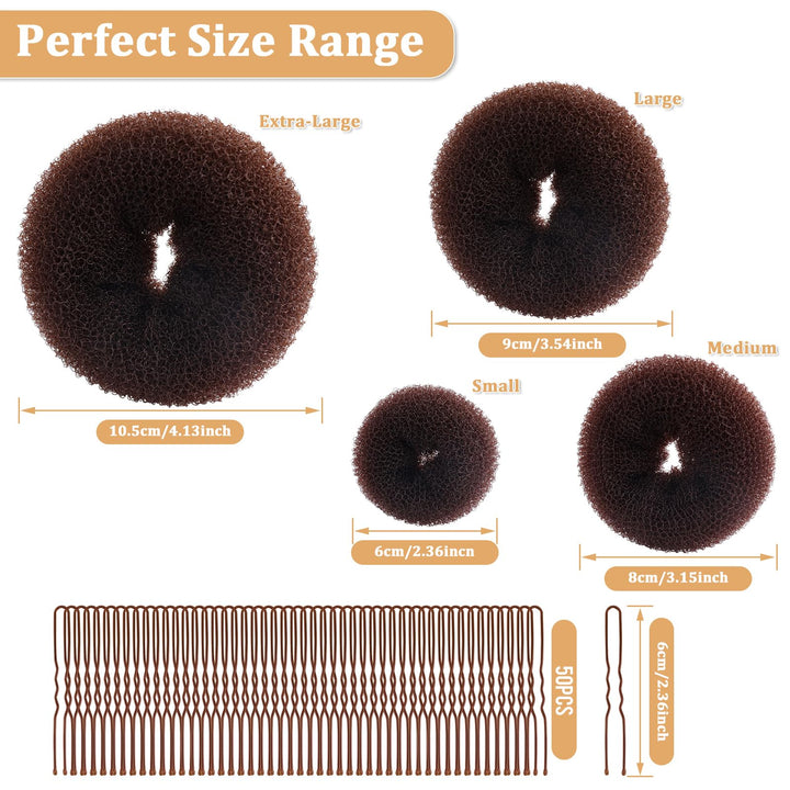 MAGDIY 65 Pcs Hair Accessories Set with 5pcs Beige & 5pcs Brown Hair Bun Maker (2 Large, 4 Medium, 4 Small), 50 Pcs U Shaped Pins and 5 Pcs Hair Ties, Ballet Donut Buns Set for Kids Girls Long Hair