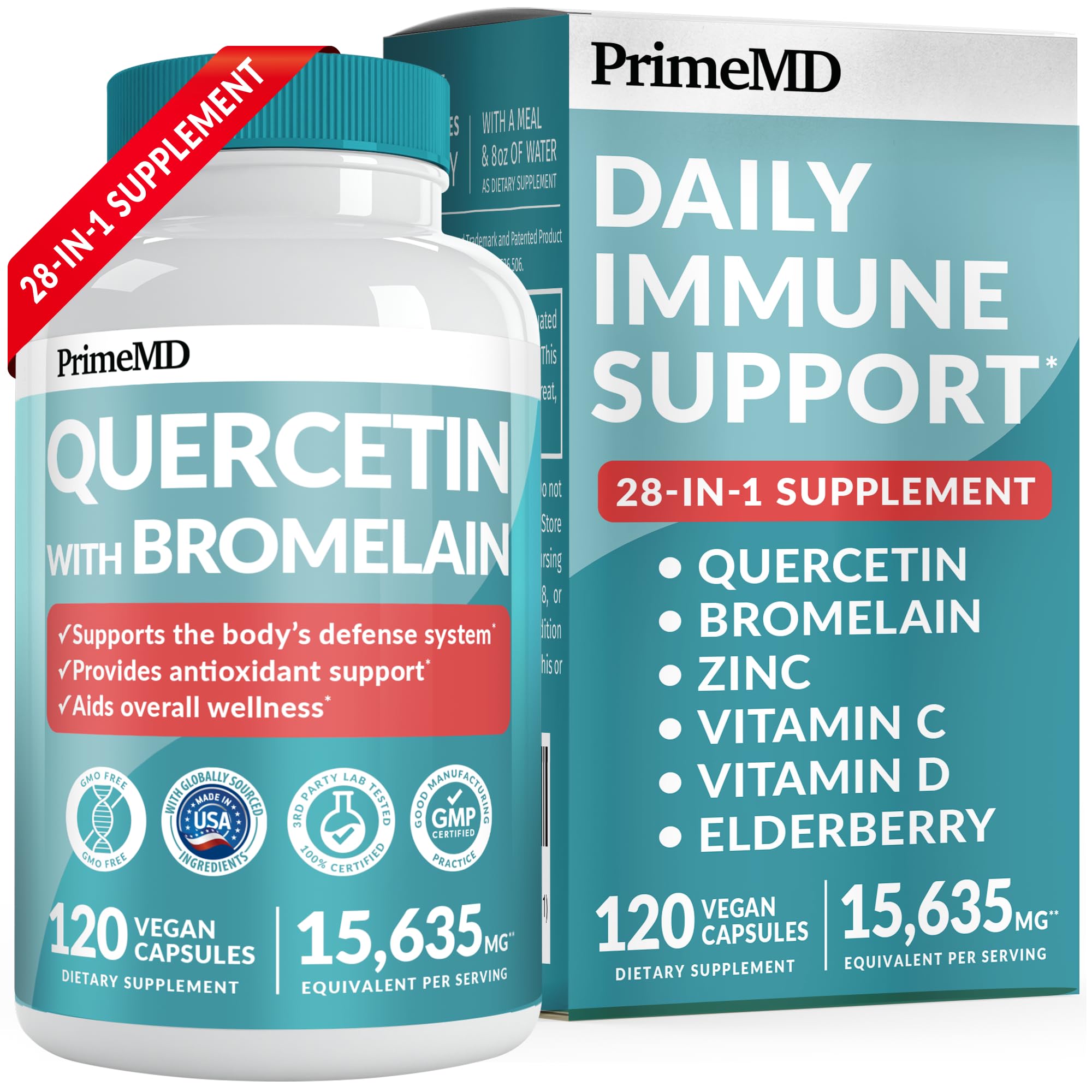 28-in-1 Quercetin with Bromelain Supplement for Daily Immune Defense Support - Quercetin with Vitamin C and Zinc for Adults Enriched with Vitamin D and Elderberry (120ct)