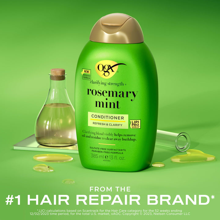OGX Clarifying Strength + Rosemary Mint Conditioner, Clarifying Conditioner Visibly Helps Remove Oil & Residue to Clear Away Buildup from Oily Hair, Sulfate-Free Surfactants, 13 fl. oz