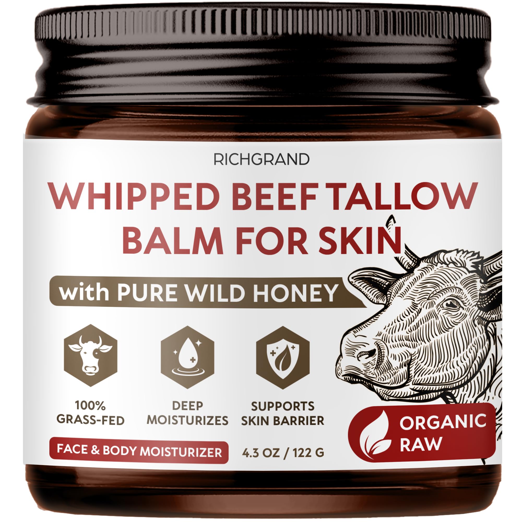 RICHGRAND Beef Tallow for Skin - Whipped Grass-Fed Moisturizer with Wild Honey & Beeswax, Natural Face & Body Care, Deep Hydration, Anti-Aging, Sensitive Skin Safe, 100% Organic Balm