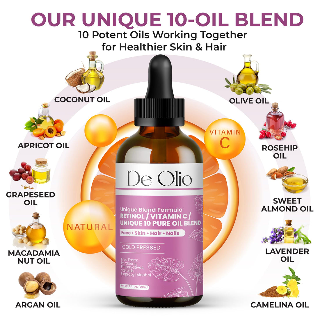 De Olio | Face Oil & Body Oil | 100% Pure & Natural | Body Moisturizer for Dry Skin | Vitamin C & 10 Pure Facial Oil Blend | Dermatologist Recommended | Bath Oil | For All Skin Types 2fl. oz. (60 mL)