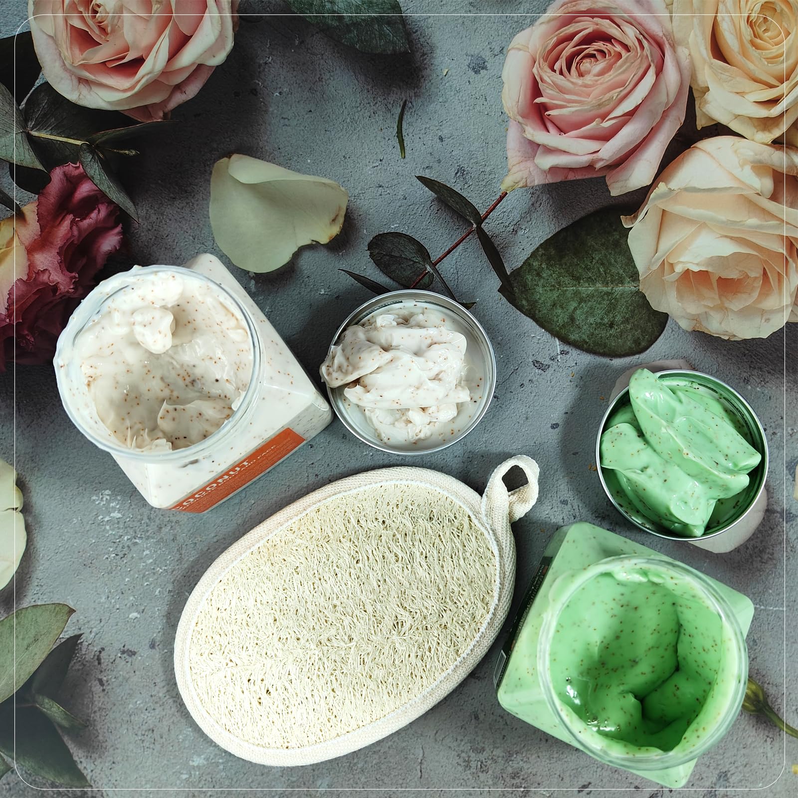 Body Scrub Exfoliator Set,Exfoliating Face Hand Foot Body Scrub,Self Skin Care Deep Cleansing Exfoliating for Oily Skin,Set Includes Coconut and Avocado Botanical Extract Scrub and a Loofah Pad