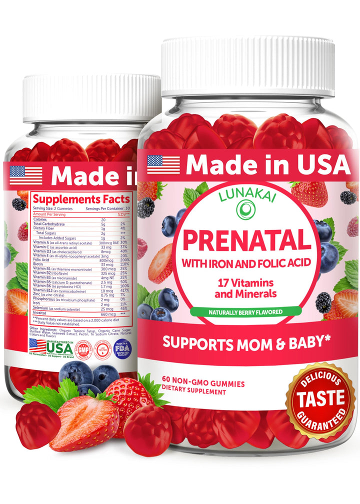 Lunakai USA Made Prenatal Vitamins with Iron & Folic Acid - Delicious Pregnancy Multivitamin Gummies for Women, 60 Count