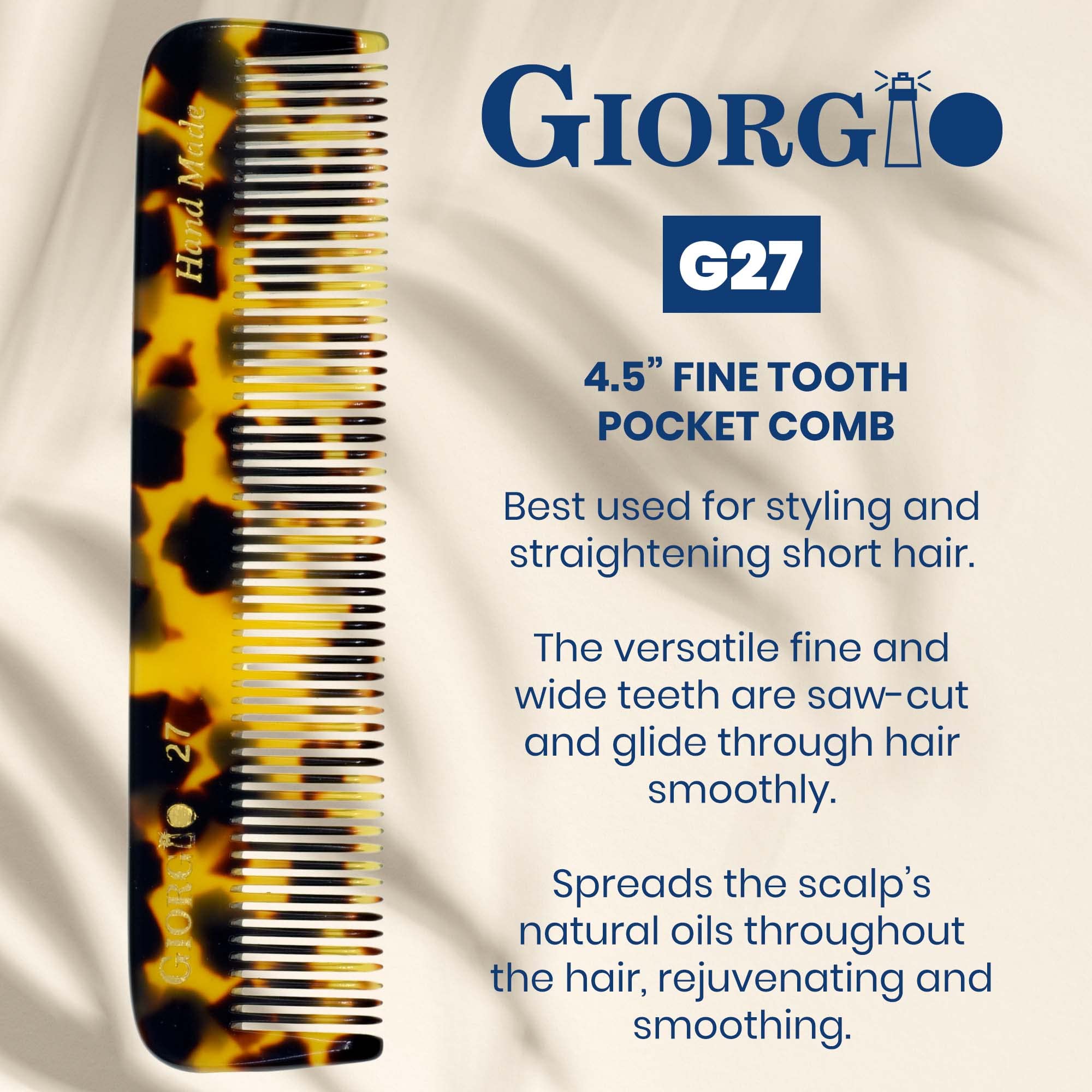 Giorgio G27 (4 1/2 / 113mm) All Fine Tooth Pocket Comb - For Styling Medium or Fine Men, Women & Kids Hair. Hand-Made, Saw-Cut and Hand Polished (2 Pack, Tokyo) : 2 Pack, Tokyo