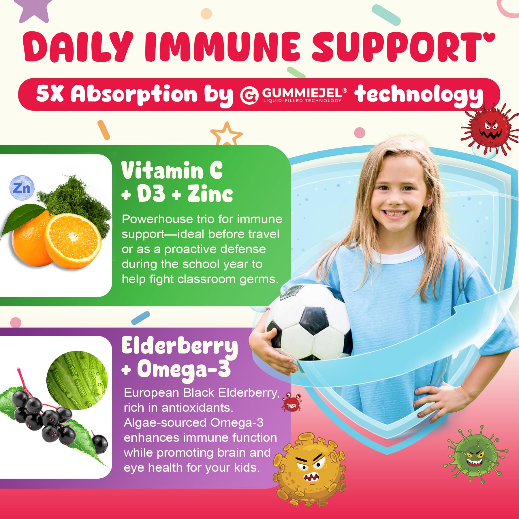 Kids Elderberry + Vitamin C D3 & Zinc Immune Support Gummies for 4+, Omega-3, Vitamin A, E, Childrens Multi Vitamins for Immunity, Bone Growth & Eye Health | Sugar Free, No Artificial Flavors, 60 CT