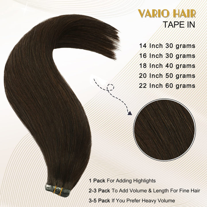 VARIO Dark Brown Tape in Hair Extensions 100% Remy Human Hair Brown Tape in Extensions 18 Inch 40g 20pcs Invisible Tape in Hair Extensions Remy Human Hair Silky Straight Human Hair Tape in Extensions