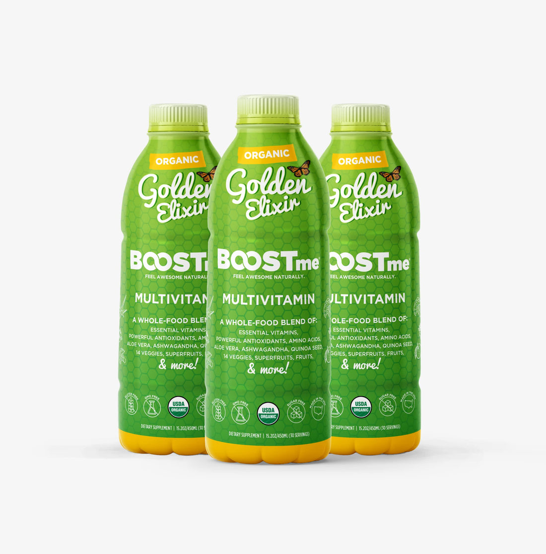 BoostMe Organic Liquid Multivitamin with Ashwagandha, Amino Acids, Aloe Vera, Vegetables, Superfuits and Antioxidants 100% Organic Golden Elixir