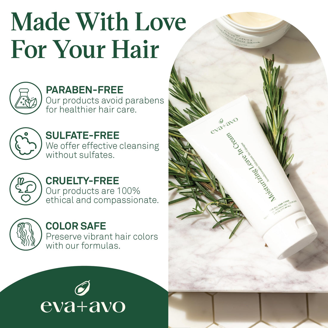 Eva + Avo Leave In Conditioner Cream, 6 Fl Oz - Hydrating Hair Treatment with Avocado and Rosemary for All Hair Types - Paraben and Sulfate-Free Leave In Hair Conditioner - 1-Pack