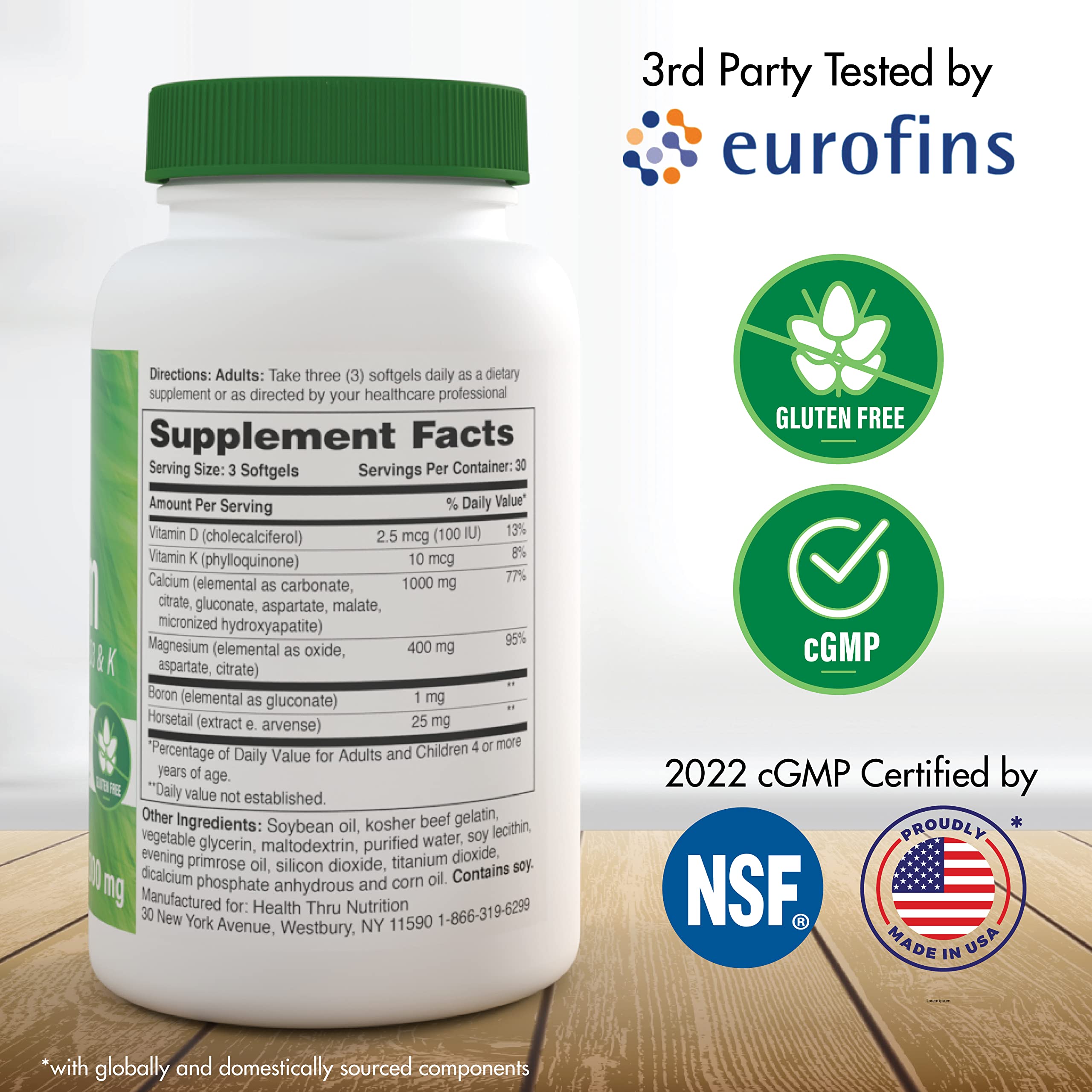 Health Thru Nutrition Calcium 1000mg and Magnesium 400mg with Vitamin D3 & K (90 Softgels)