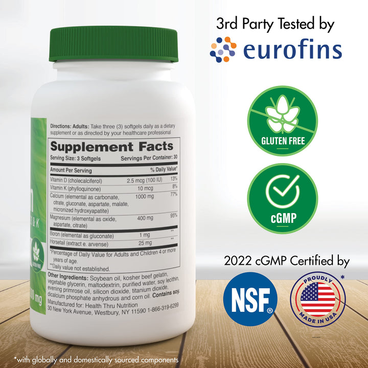 Health Thru Nutrition Calcium 1000mg and Magnesium 400mg with Vitamin D3 & K (90 Softgels)