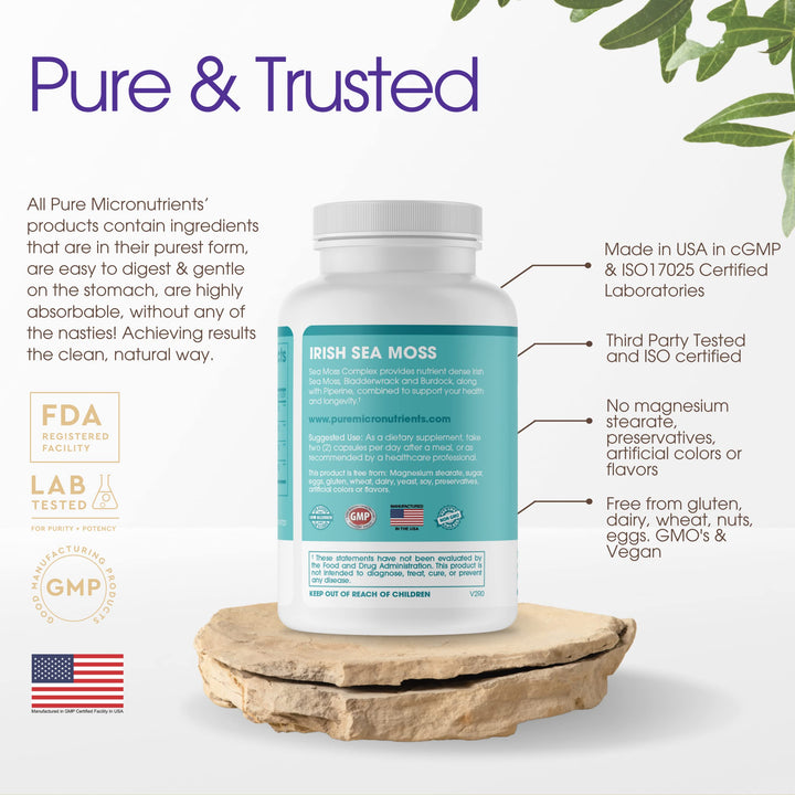 Pure Micronutrients Irish Sea Moss Capsules - Organic Irish Seamoss Pills with Bladderwrack, Burdock & Black Pepper for Energy, Immunity, Thyroid, Digestion, Heart and Bone Health