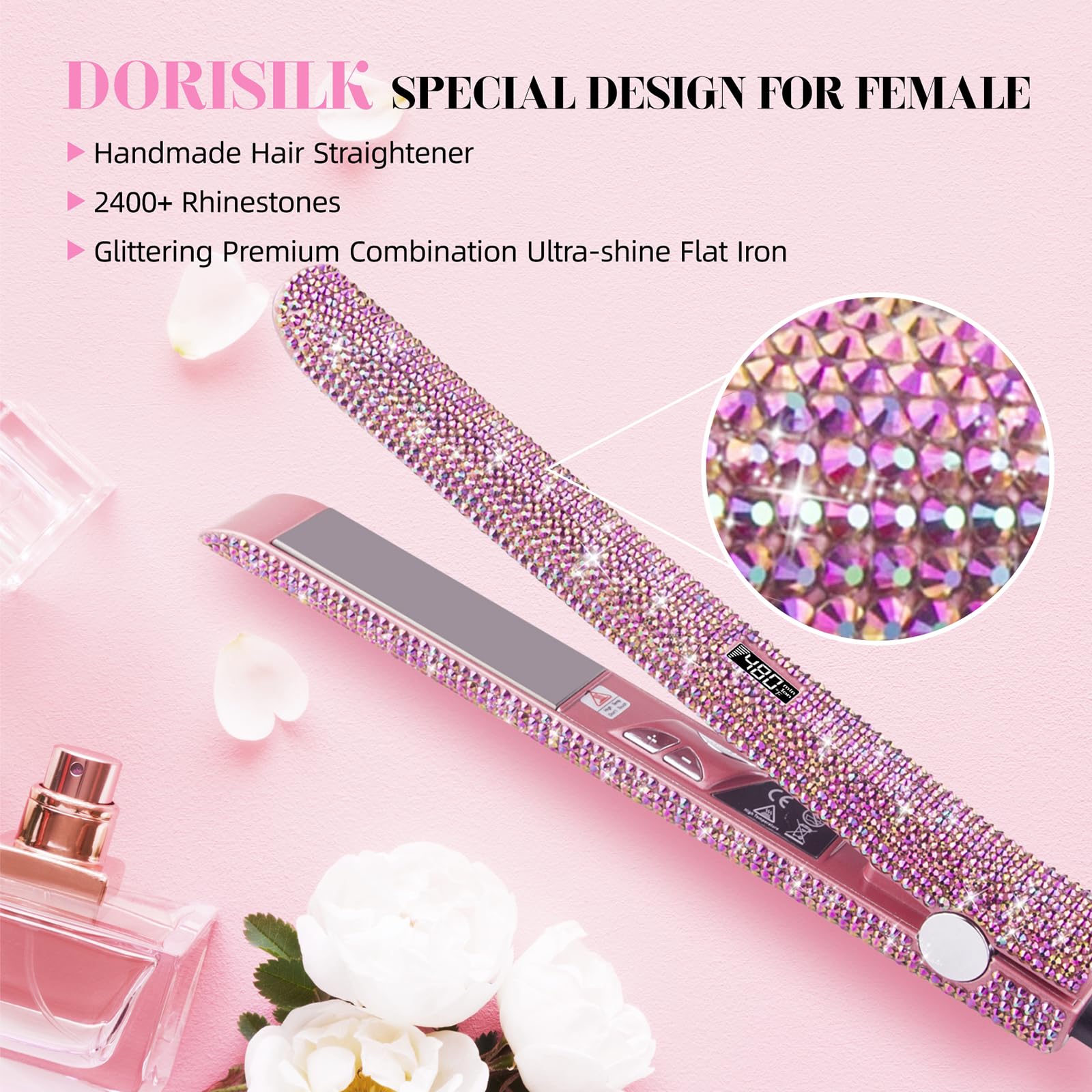 Professional Hair Straightener, DORISILK Titanium Flat Iron Rhinestone Straightening Iron, Salon High Heat 470 Degrees, Dual Voltage, Rose Gold