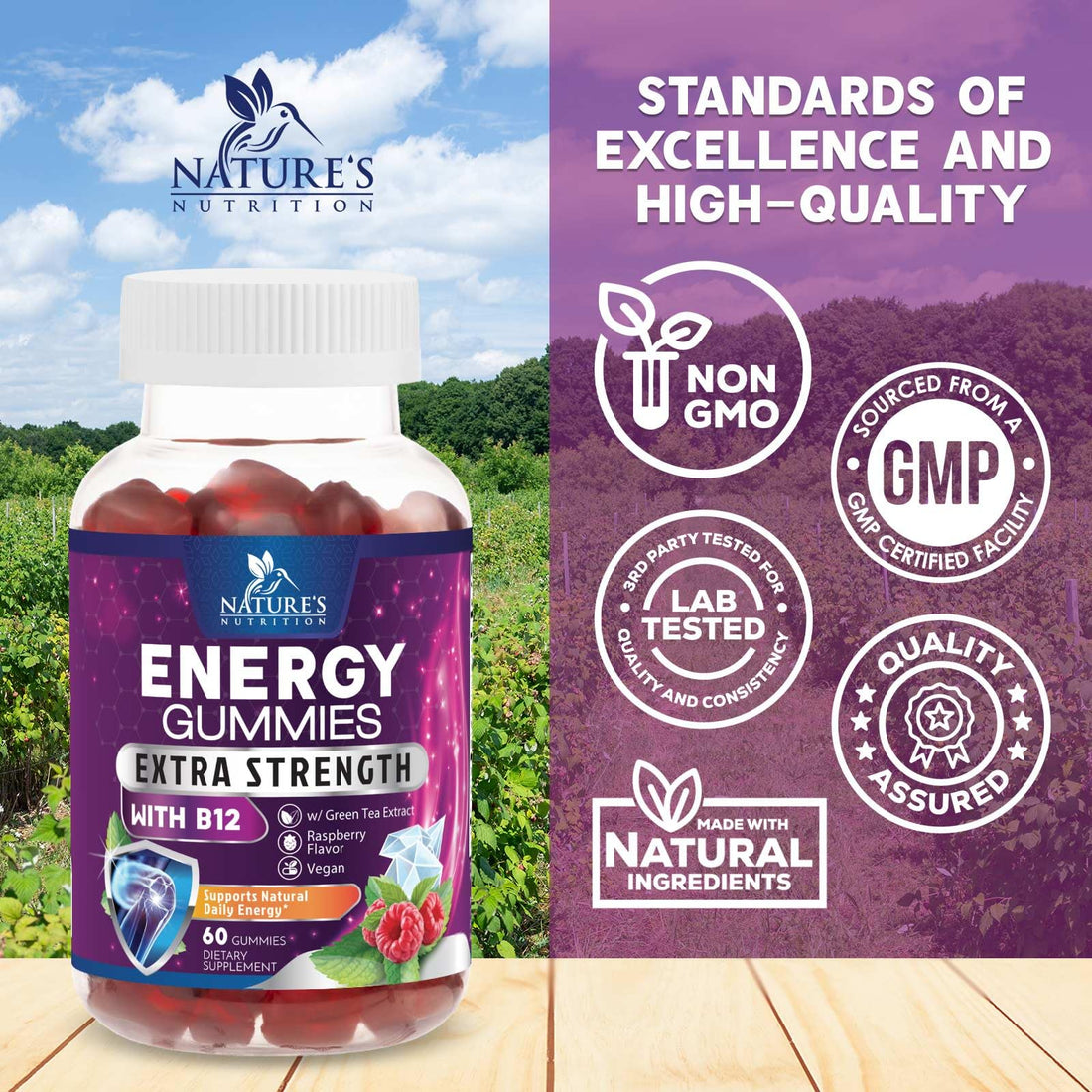 Energy Gummies Vitamin B12, Green Tea Natural Caffeine Support, Extra Strength 1000 mcg Daily Energy Vitamins, Delicious Berry Flavor Gluten Free Chewable Supplement for Cycling & Running - 60 Chews