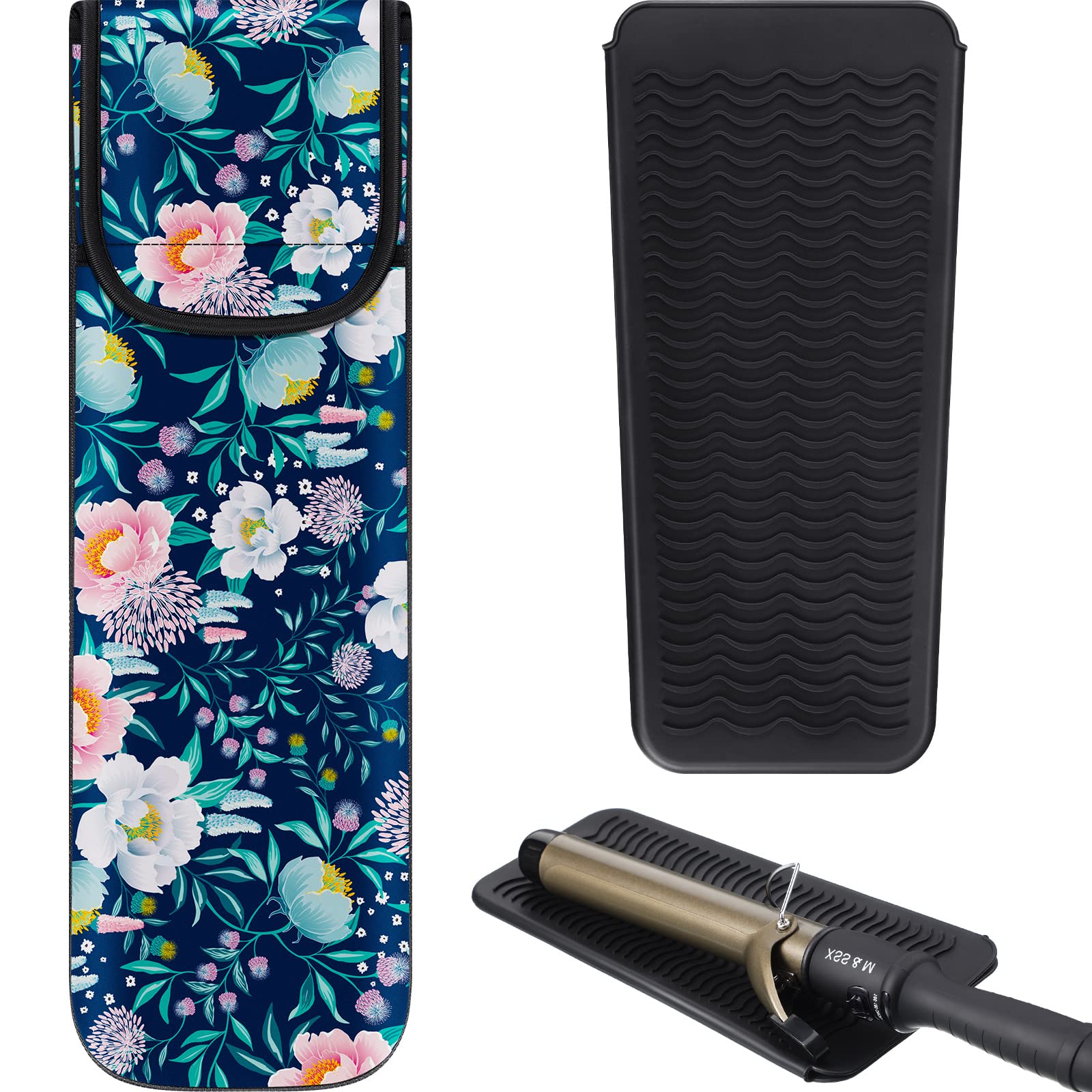 2 Pieces Flat Iron Case Holder Heat Resistant Curling Iron Neoprene Straightener Holder and Silicone Travel Mat for Hair Tools Curling Iron Organizer Bag or Travel Daily Use (Black,Flower Pattern)
