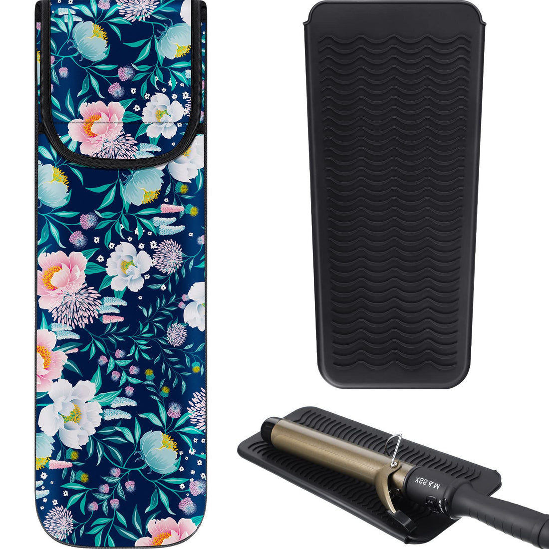 2 Pieces Flat Iron Case Holder Heat Resistant Curling Iron Neoprene Straightener Holder and Silicone Travel Mat for Hair Tools Curling Iron Organizer Bag or Travel Daily Use (Black,Flower Pattern)