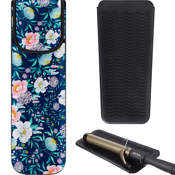 2 Pieces Flat Iron Case Holder Heat Resistant Curling Iron Neoprene Straightener Holder and Silicone Travel Mat for Hair Tools Curling Iron Organizer Bag or Travel Daily Use (Black,Flower Pattern)