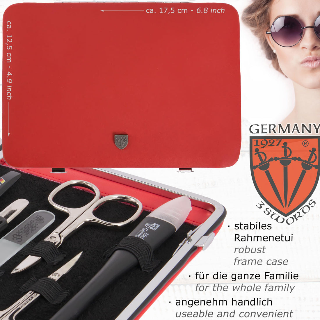 3 Swords Germany - brand quality 11 piece manicure pedicure grooming kit set for professional finger & toe nail care scissors clipper genuine leather case in gift box, Made in Solingen Germany (03669)