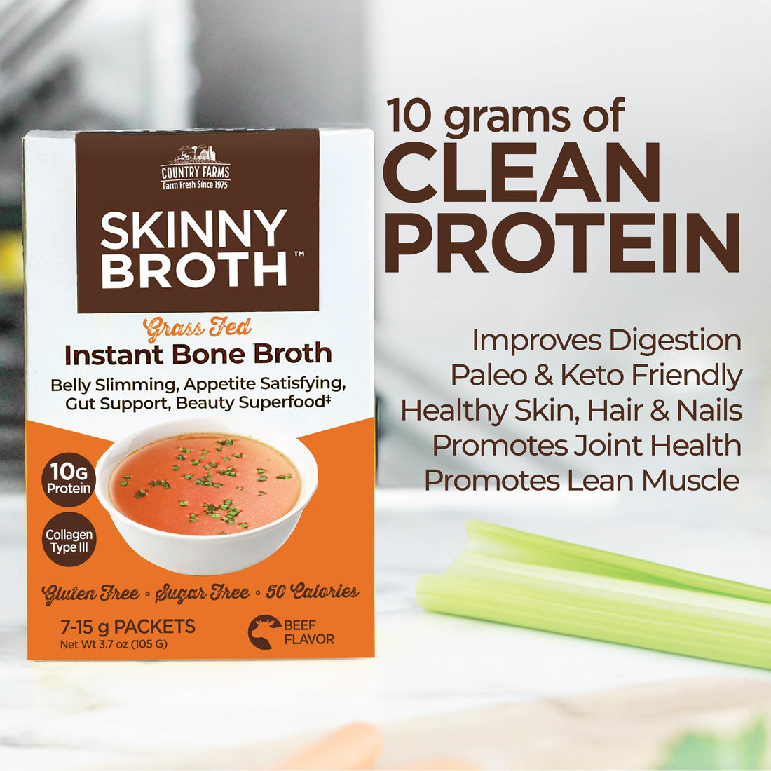 COUNTRY FARMS Skinny Broth, Instant Beef Bone Broth, 10G Protein, Collagen Type III, Promotes Better Digestion, Bone and Joint Health, 7 Day Plan, 7-15g Packets