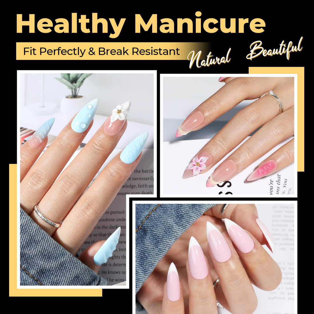 UNA GELLA Stiletto Press on Nails, 600 Pcs Medium Stiletto Nail Tips Almond Shape Pre Etched Full Cover Soft Gel Nails Tips for Nail Extensions Art DIY Salon 12 Sizes at Home
