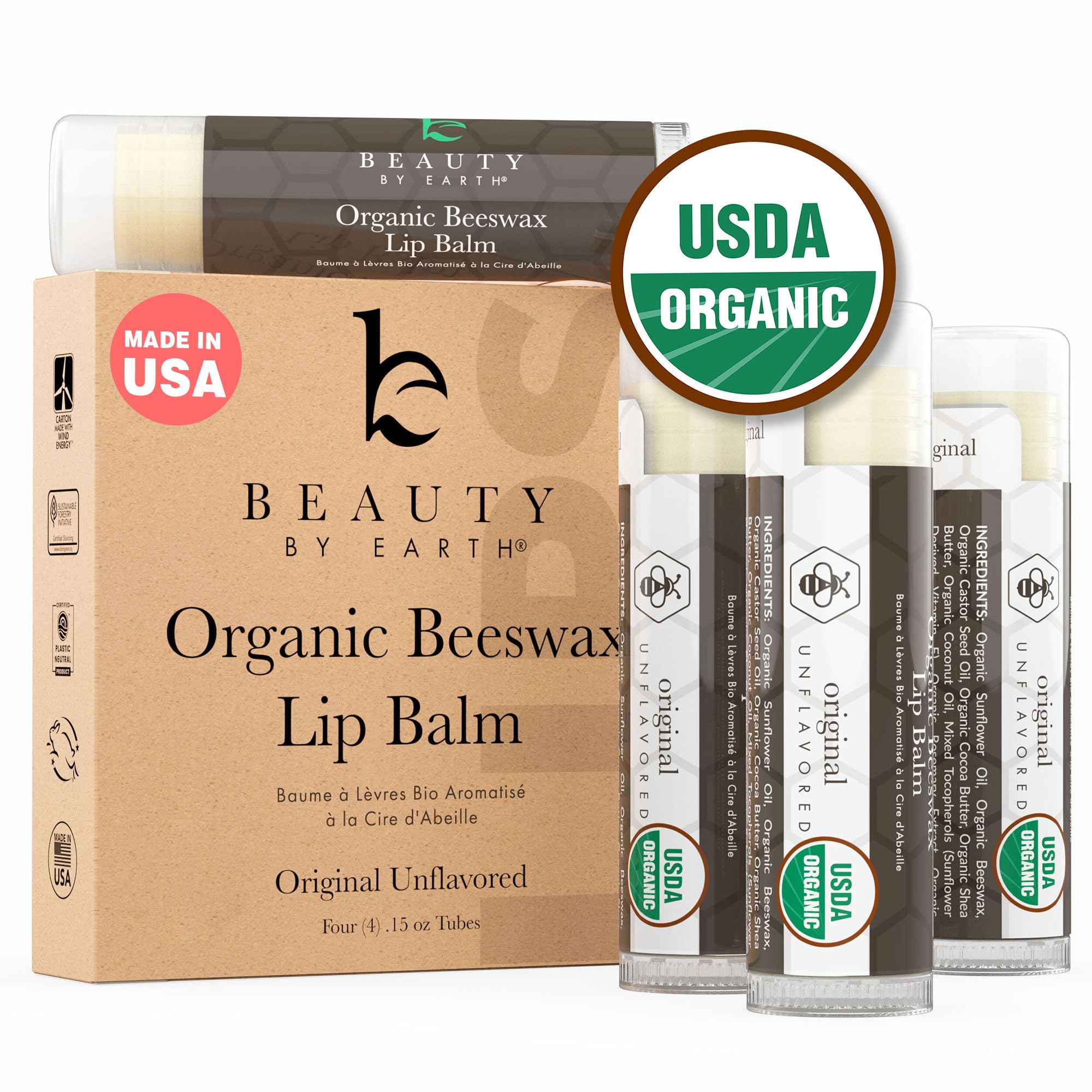 Beauty by Earth Organic Beeswax Lip Balm, Unflavored and Unscented (4 Pack)