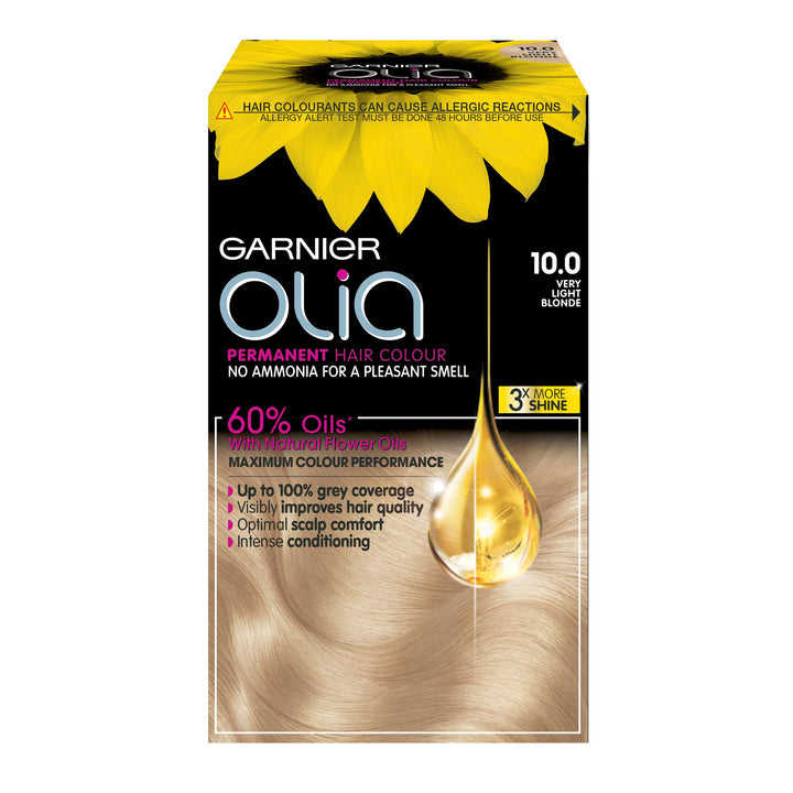 Garnier Olia Very Light Blonde Permanent Hair Dye, No Ammonia for A Pleasant Scent, Up To 100% Grey Hair Coverage, Maximum Colour Performance, 60% Oils - 10.0 Very Light Blonde
