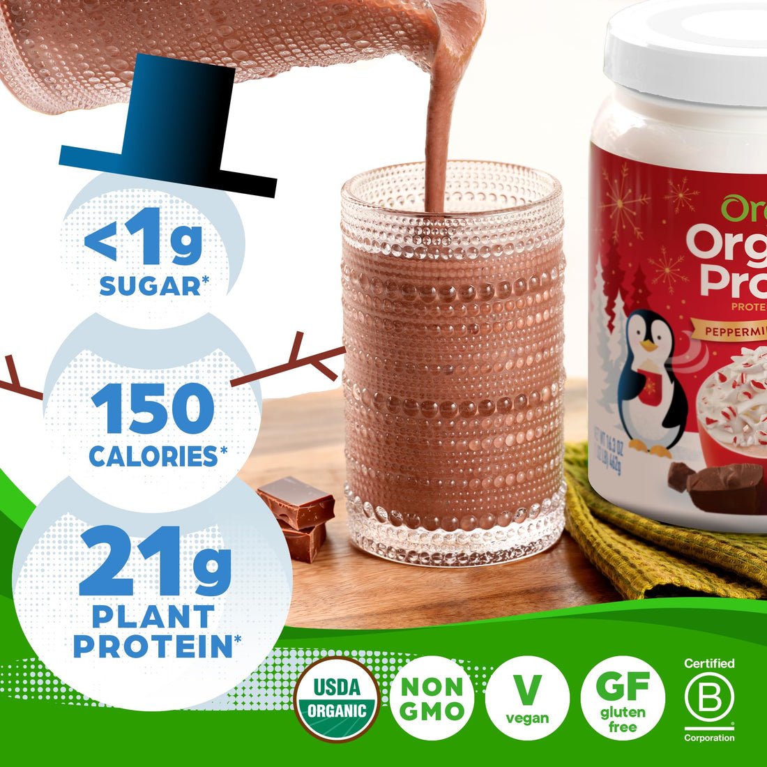 Orgain Organic Vegan Protein Powder, Peppermint Hot Cocoa Holiday Flavor - 21g of Plant Protein, 5g Prebiotic Fiber, No Lactose Ingredients, No Added Sugar, Non-GMO, For Shakes & Smoothies, 1.02 lb