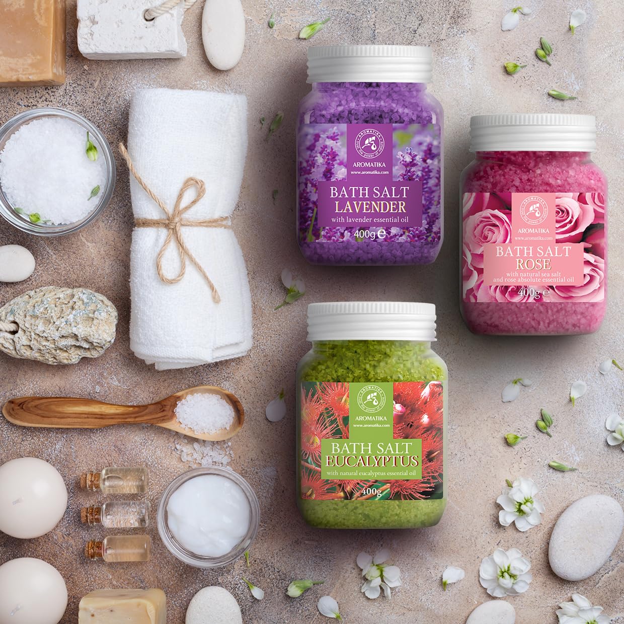 Bath Salts Set 42 Oz - Lavender - Rose - Eucalyptus - 100% Bath Salts - Lavanda Rosa Eucalitpus Salt - Best for Good Sleep - Stress Relief - Bathing - Body Care - Beauty - Relaxation - Spa