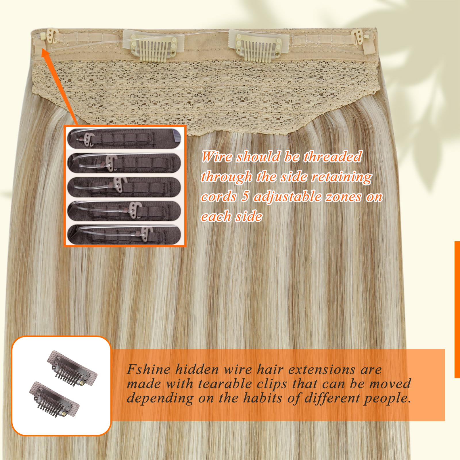 Fshine Hidden Hair Extensions Crown Human Hair Honey Blonde Highlight Bleach Blonde 16 Inch Removable Hair Extensions Secret Crown Invisible Extensions Human Hair for Thin Hair 80Gram One Piece