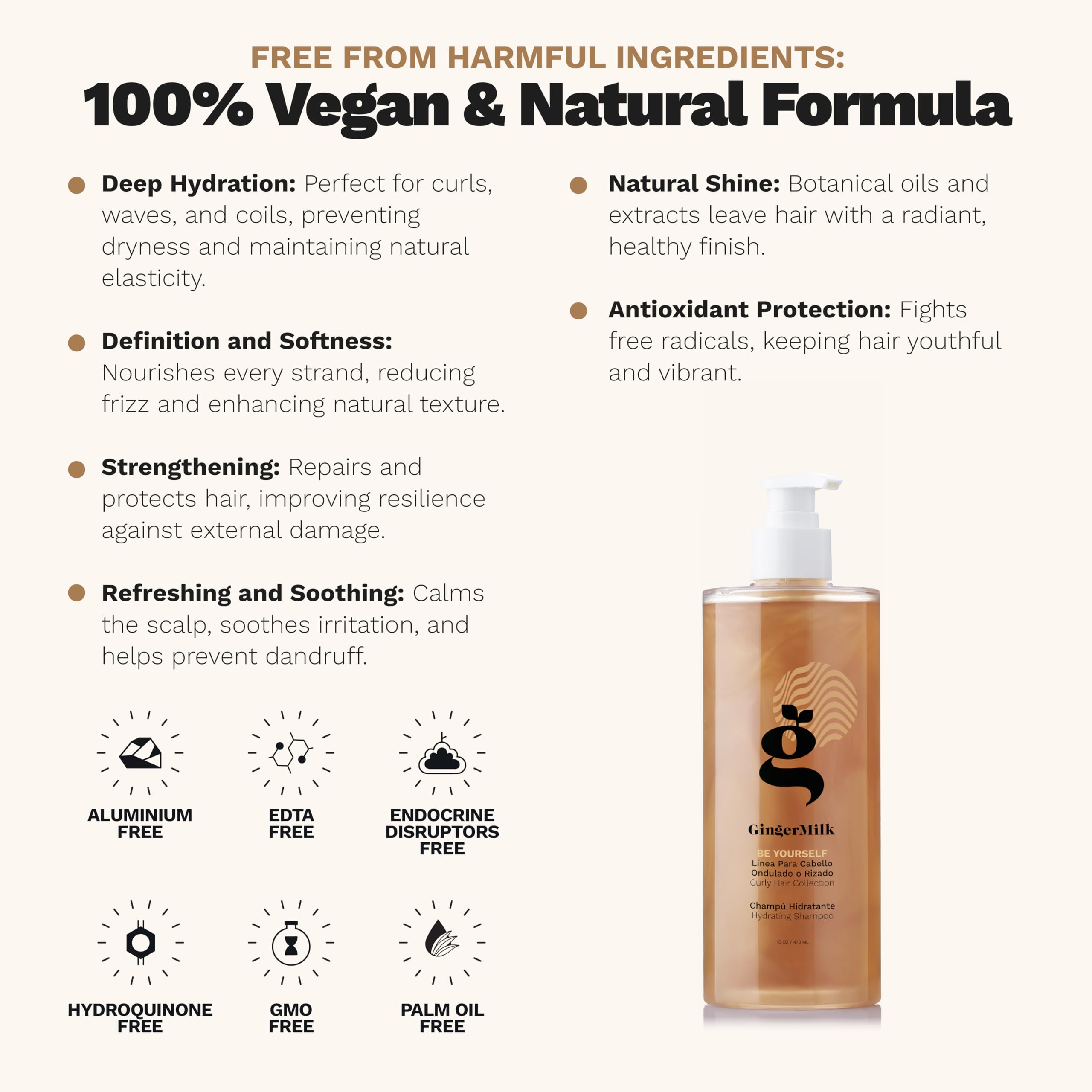 Ginger Milk Hydrating Shampoo for Curly, Wavy, and Coily Hair - Nourishing Formula for Defined Curls, Frizz Control, and Shine - Sulfate-Free | Be Yourself 16 fl oz