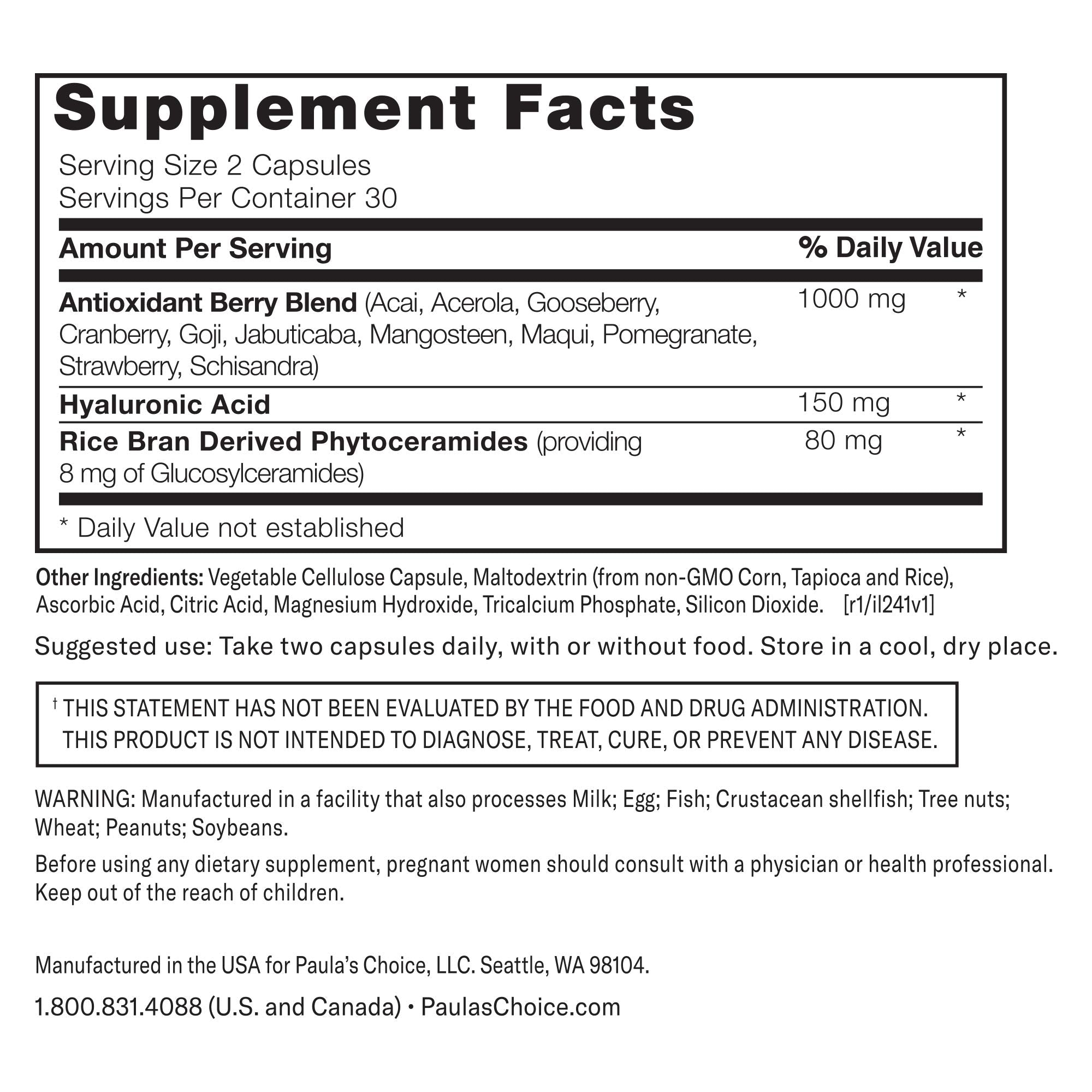 Paula's Choice Hyaluronic Acid + Ceramide Dietary Supplement, Collagen Support for Soft, Healthy + Radiant Skin, Gluten-Free + Soy-Free, 60 Vegan Capsules