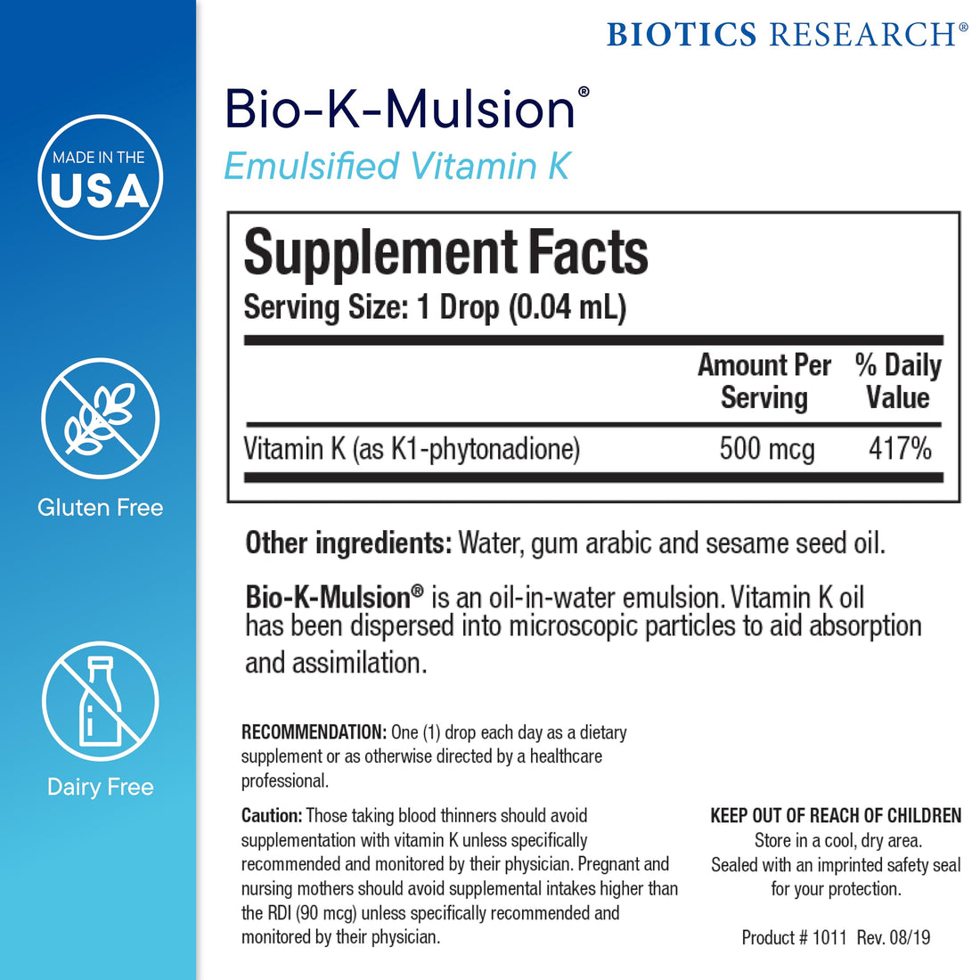 Biotics Research Bio K Mulsion Liquid Vitamin K Drops - 500 mcg/S - Vitamin K1 phytonadione - for Adults & Kids - VIT K Supplement - Strong Bones, Heart Health, Blood Clotting Support, 1 fl oz
