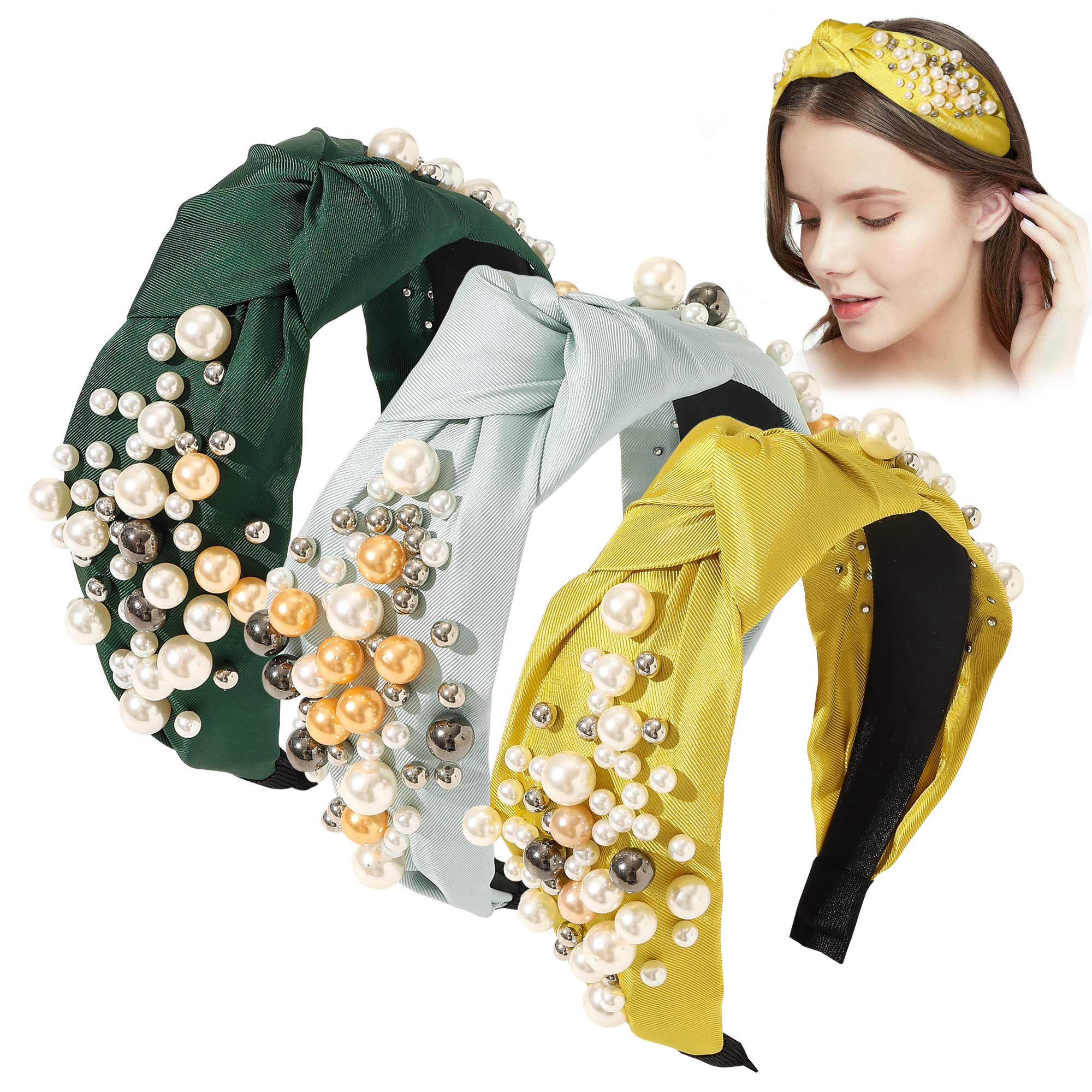 Ivyu Headbands for Women Head Bands - Knotted Pearl Headband Diademas Para Mujer De Moda Hair Accessories Hairbands for Girls No Slip Fashion Cute Top Knot Headband Gift for Women Green Yellow Blue