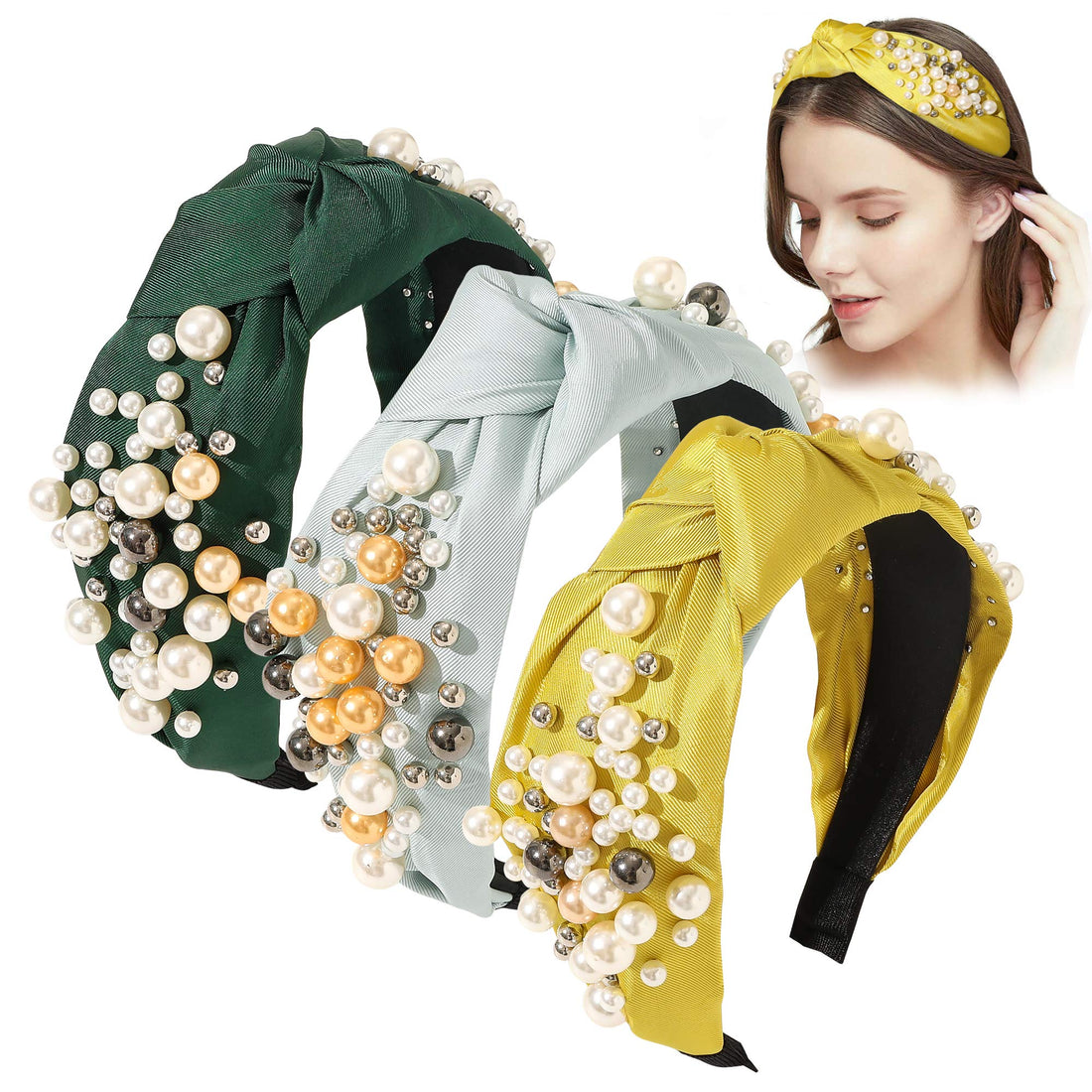 Ivyu Headbands for Women Head Bands - Knotted Pearl Headband Diademas Para Mujer De Moda Hair Accessories Hairbands for Girls No Slip Fashion Cute Top Knot Headband Gift for Women Green Yellow Blue