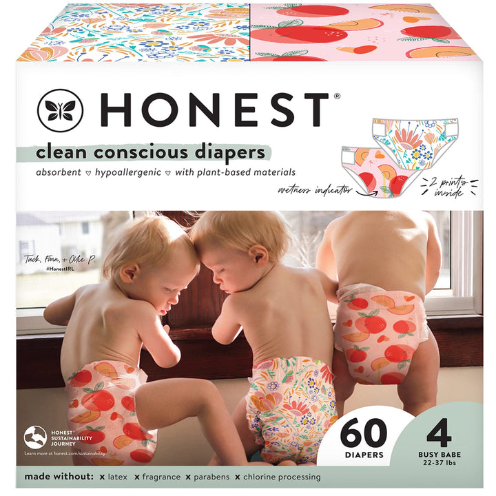 The Honest Company Clean Conscious Diapers | Plant-Based, Sustainable | Just Peachy + Flower Power | Club Box, Size 4 (22-37 lbs), 60 Count