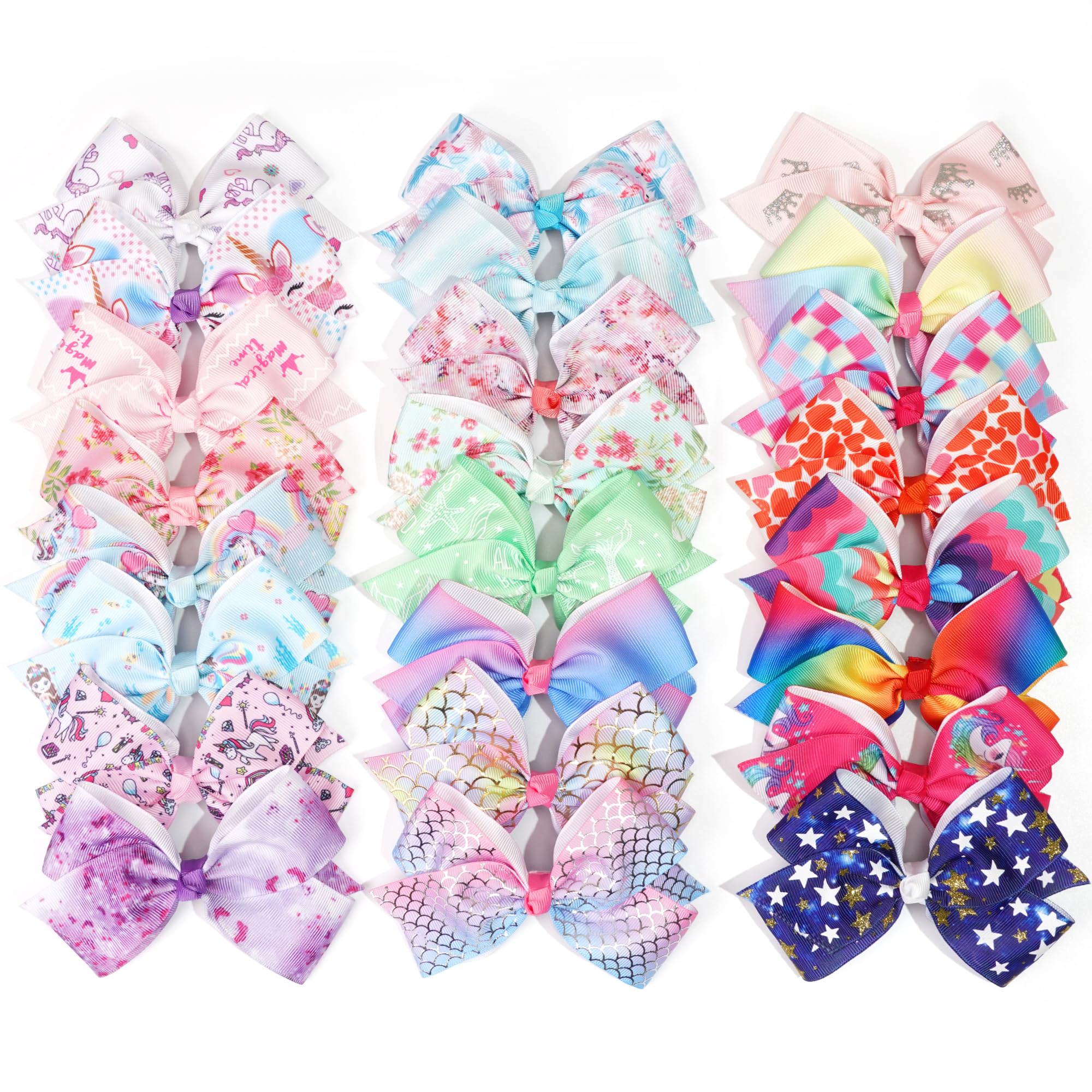 24PCS 4.5Inch Bows for Girls Boutique Grosgrain Ribbon Rainbow Hair Bow Alligator Hair Clips Pigtail Bows Unicorn Hair Clips for Baby Girls Toddler Kids Children Teens